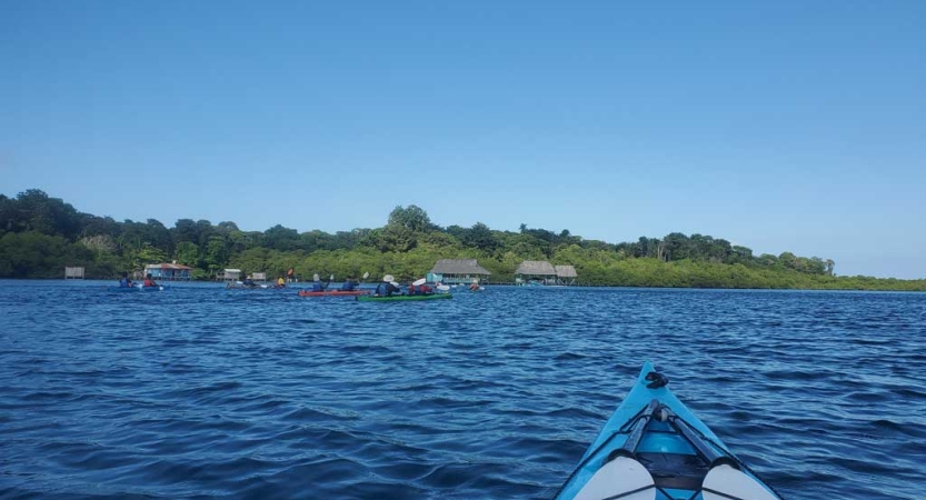 From the point of view of a blue kayak, other kayaks are paddled by people further ahead, close to shore. 